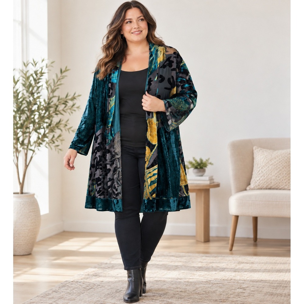 Chicos Velvet Burnout Kimono Jacket Teal Gold Floral Patchwork Size 3 XL